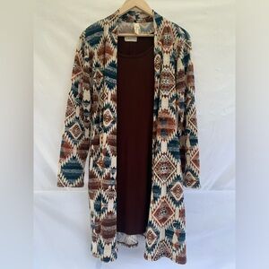 Larace boho Southwest-inspired open front cardigan (1x), with coordinating tunic